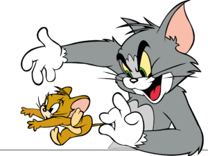 Tom holding Jerry by the tail